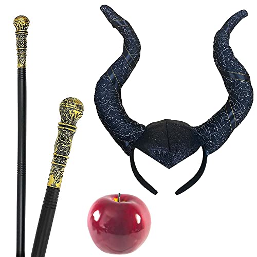 GrassVillage Böse Hexe 3-teiliges Hörner-Set | Enthält schwarze Königin, Apfel und Stab | Ideal für Halloween-Kostümparty, Kostüm-Accessoire, Weltbuchwoche Outfit von GrassVillage