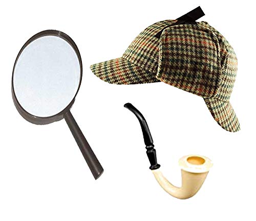 Sherlock Holmes Fancy Dress Zubehörset Deerstalker-hut + Lupe + Viktorianisch Look Röhrenartig Detektive Satz von GrassVillage