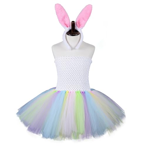 Greabuy Buntes trägerloses Kleid für Kinder und Mädchen, mit Ohren, Stirnband, Ostern, Halloween, Party, Cosplay-Kostüm von Greabuy