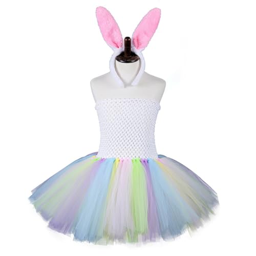 Greabuy Buntes trägerloses Kleid für Kinder und Mädchen, mit Ohren, Stirnband, Ostern, Halloween, Party, Cosplay-Kostüm von Greabuy