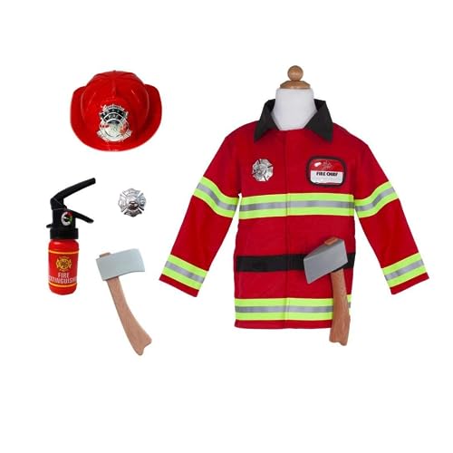 Creative Education 81355 Pretenders Feuerwehrmann mit Zubehör im Kleidersack Inklusive Mantel, Hut, Abzeichen, Axt und Feuerlöscher (Wasserpistole), Größe 5–6, rot, M von Great Pretenders