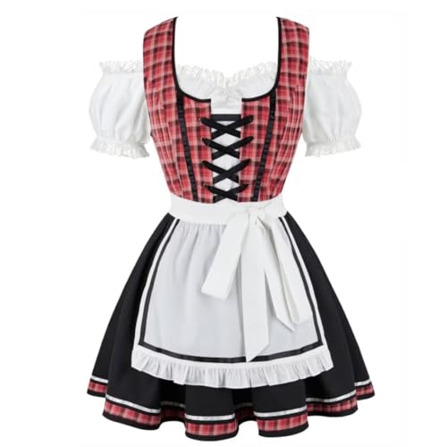 Grebrafan Dirndl Damen Midi Trachten Kleid Oktoberfest Outfit 3 Teilig Schwarz Rosa 3X-Large von Grebrafan