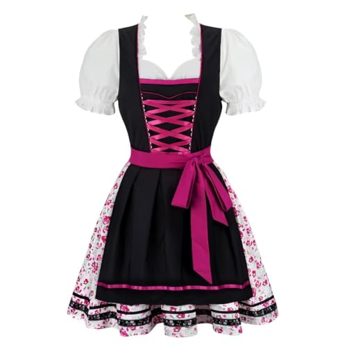 Grebrafan Dirndl Damen Midi Trachten Kleid Oktoberfest Outfit 3 Teilig Schwarz Rosarot Large von Grebrafan