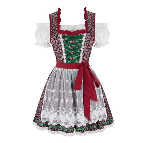 Grebrafan Dirndl Damen Midi Trachten Kleid Oktoberfest Outfit 3 Teilig Schwarz Rot 3X-Large von Grebrafan