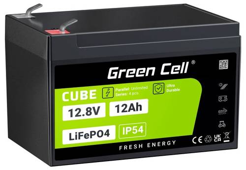 Green Cell CUBE LiFePO4 Spezial-Akku LiFePo-Block Flachstecker Li-Ion 12.8V 12Ah von Green Cell