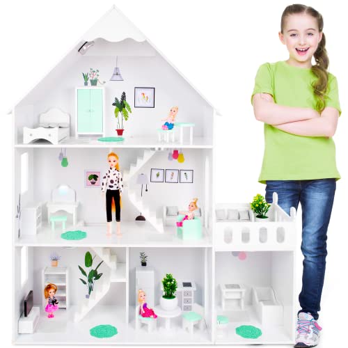 Green Series Puppenhaus Holz Groß, Barbie Puppenhaus - Puppenhaus Holz Version mit mintgrünem Zubehör, 57 Zubehörteile enthalten, Barbiehaus aus Holz, Modell GS0023A-1, LED-Licht (Premium) von Green series