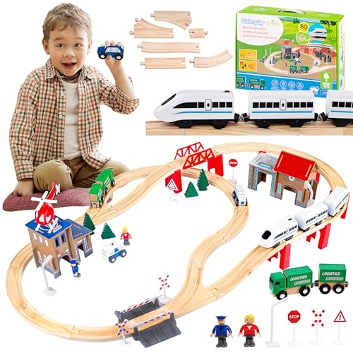 Green series Holzeisenbahn Set für Kinder - Eisenbahn Holz | Spielzeug Zug | Polizeistation, Autobahn und Bahnset mit Brücke, 80 Teilen, 378 cm lang | Holz Eisenbahnen | Holzzug | Modell GS0010 von Green series