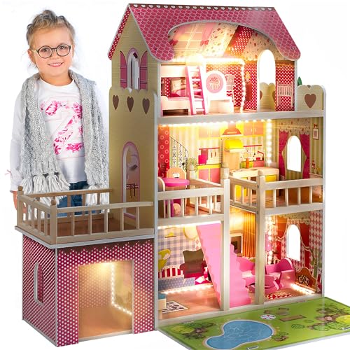 Green series Kinderplay Puppenhaus Holz Groß | Puppenvilla - Traumvilla | Kinder Dollhouse | Led - Licht und Zubehör | Set 90 cm Hoch mit Terrasse, Garage | Puppenhaus ab 2 Jahre | GS0020 von Green series