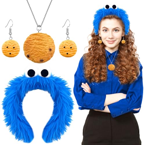 GreenYeah Cookie Monster Haarreif, Haarreif Monster Blau, Cookie Halskette, Cookie Ohrringe, Krümelmonster Stirnband mit Kulleraugen, Damen Kinder Kostüm Karneval, Fasnacht Motto Cosplay Accessories von GreenYeah