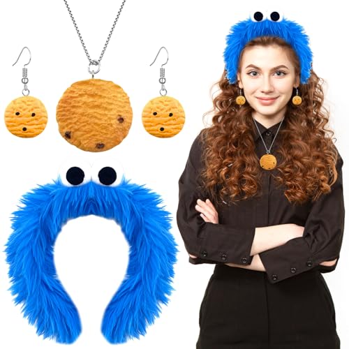 GreenYeah Cookie Monster Haarreif, Haarreif Monster Blau, Cookie Halskette, Cookie Ohrringe, Krümelmonster Stirnband mit Kulleraugen, Damen Kinder Kostüm Karneval, Fasnacht Motto Cosplay Accessories von GreenYeah