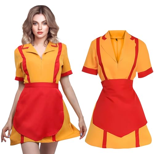 GreenYeah Broke Girls Kostüm, Damen Kellnerin Kostüm, Diner Girl Kostüm, Diner Uniform mit Schürze, Damen Kellnerin Kostüm mit Schürze für Karneval, Fasching, Fasnacht Motto Cosplay Kostüm (L) von GreenYeah