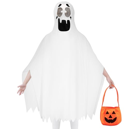 GreenYeah Geist Geister Umhang Kinder kostüm, Geist Umhang Gespenst für Kinder, Geister Kostüm Kinder mit Kürbis Tasche, Halloween Geister Weiß Umhang, Halloween Party Cosplay Kinder Kostüm (A) von GreenYeah