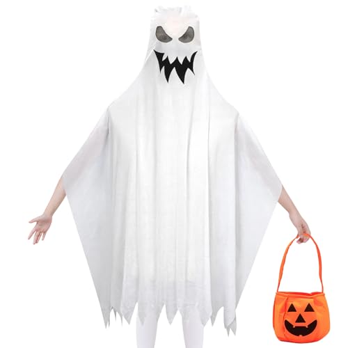 GreenYeah Geist Geister Umhang Kinder kostüm für Halloween, Geister Weiß Umhang Halloween mit Kürbis Tasche, Kinderkostüm Geisterkostüm, Süßes oder Saures, Halloween Party Cosplay Kinder Kostüm (B) von GreenYeah