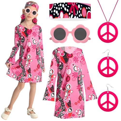 GreenYeah Hippie Kostüm Mädchen, Hippie Kostüm Kinder, Hippie-Kleid Mädchen, Mädchen Hippie 70er Jahre Kleid mit Hippie Kleid, Stirnband, Brille, Halskette, Ohrringe, Karneval Mädchen Kostüm (D-L) von GreenYeah