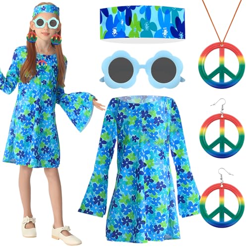 GreenYeah Hippie Kostüm Mädchen, Hippie Kostüm Kinder, Hippie-Kleid Mädchen, Mädchen Hippie 70er Jahre Kleid mit Hippie Kleid, Stirnband, Brille, Halskette, Ohrringe, Karneval Mädchen Kostüm (A-L) von GreenYeah