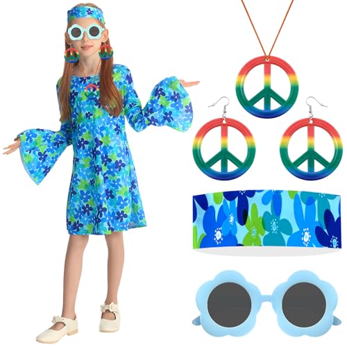 GreenYeah Hippie Kostüm Mädchen, Hippie Kostüm Kinder, Hippie-Kleid Mädchen, Mädchen Hippie 70er Jahre Kleid mit Hippie Kleid, Stirnband, Brille, Halskette, Ohrringe, Karneval Mädchen Kostüm (A-XL) von GreenYeah