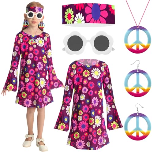 GreenYeah Hippie Kostüm Mädchen, Hippie Kostüm Kinder, Hippie-Kleid Mädchen, Mädchen Hippie 70er Jahre Kleid mit Hippie Kleid, Stirnband, Brille, Halskette, Ohrringe, Karneval Mädchen Kostüm (C-XL) von GreenYeah