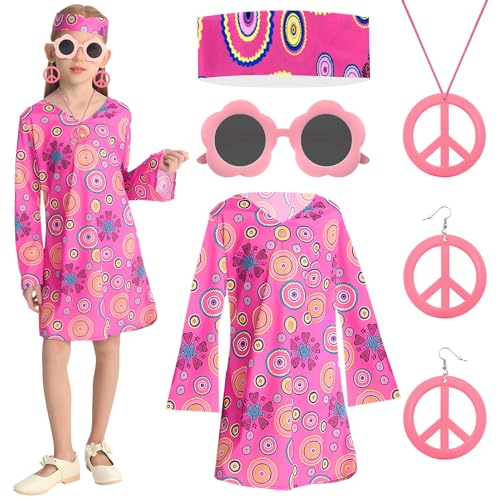 GreenYeah Hippie Kostüm Mädchen, Hippie Kostüm Kinder, Hippie-Kleid Mädchen, Mädchen Hippie 70er Jahre Kleid mit Hippie Kleid, Stirnband, Brille, Halskette, Ohrringe, Karneval Mädchen Kostüm (B-L) von GreenYeah