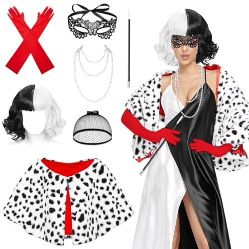 GreenYeah Cruella Devil Kostüum Damen, Schwarze und weiße Devil Kostüum Damen, Deville Kostüm, Devil Kostüum Damen mit Perücke, Faux Schal, Rote Handschuhen, Spitze Maske, Perle Halskette, Halter von GreenYeah