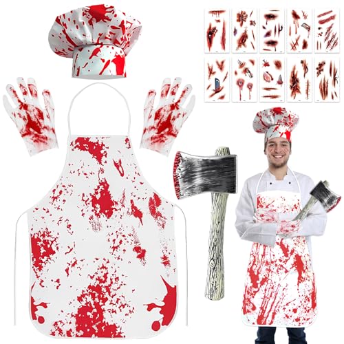 GreenYeah Metzger Kostüm Halloween Set, Blutige Schürze Verkleiden Metzger Kostüm mit 1 Blutige Schürze, 2 Handschuhen, 1 Hut, 1 Axt, 10 Narben Wunden Aufkleber für Halloween Fasching Karneval von GreenYeah