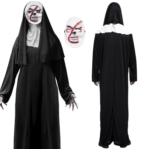 GreenYeah Halloween Horror Nonnen Kostüm, Scary Nonne Outfit mit The Nun Horror Maske, Halloween Nonne Kostüm, Horror Halloween Nonne Kostüm, Nonne Kostüm Erwachsene für Halloween Cosplay von GreenYeah