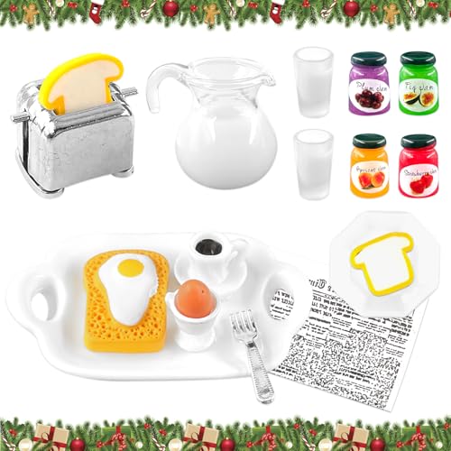 GreenYeah Puppenhaus Miniatur Frühstück, 17PCS Puppenhaus Miniatur Frühstücksszenen Set, Mini Puppenhaus Frühstück Zubehör, Mini Geschirr Milch Eier Gabel Zeitung Toastmaschine Marmelade Modell von GreenYeah