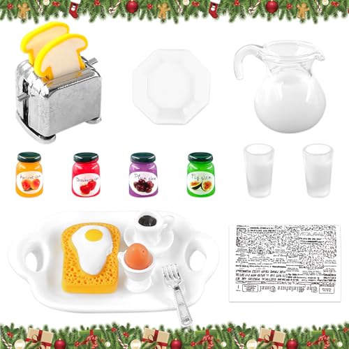 GreenYeah Puppenhaus Miniatur Frühstück, 17PCS Puppenhaus Miniatur Frühstücksszenen Set, Mini Puppenhaus Frühstück Zubehör, Mini Geschirr Milch Eier Gabel Zeitung Toastmaschine Marmelade Modell von GreenYeah