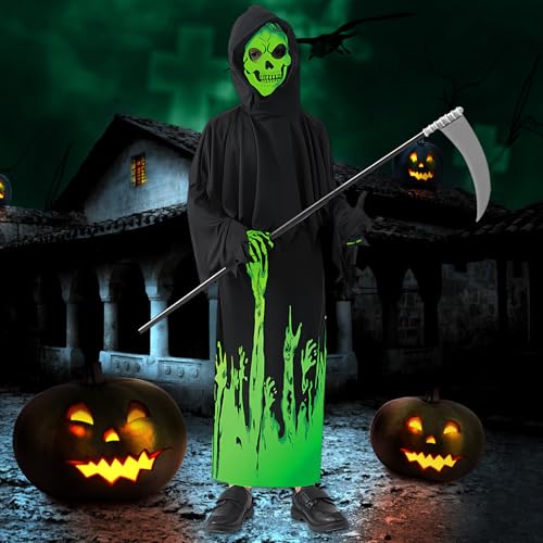 GreenYeah Sensenmann Grim Reaper Kinderkostüm, Halloween Sensenmann Kostüm Kinder Set mit Skelett Handschuhe, Grim Reaper Sense, Glow in The Dark Phantom Kinder Kostüm (L(10-12Jahre)) von GreenYeah