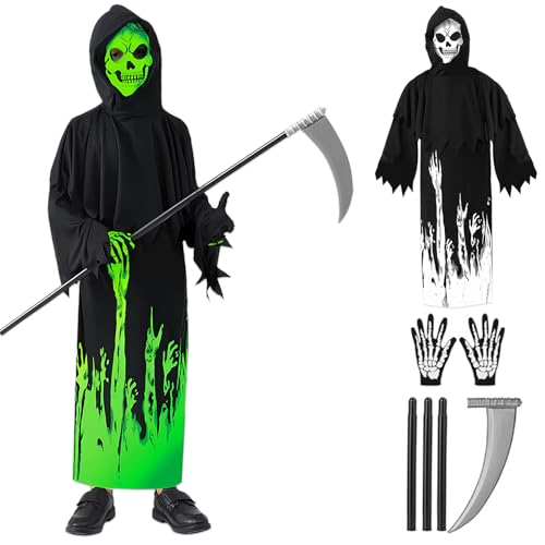 GreenYeah Halloween Sensenmann Kostüm Kinder, Glow in The Dark Phantom Kinder Kostüm mit Handschuhe Sense, Kinder Sensenmann Kostüm leuchtet im Dunkeln, Sensenmann Grim Reaper Kinderkostüm L von GreenYeah