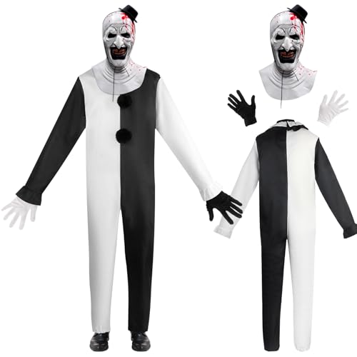 GreenYeah Terrifie Clown Cosplay Kostüm Overall, Terrifier Clown Schwarz Weiß Jumpsuit mit Terrifier Maske, handschuhe, Erwachsene Art The Clown Kostüm (XL(70-80KG)) von GreenYeah