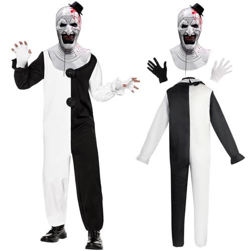 GreenYeah Terrifier Halloween Kostüm Horror Clown, Scary Killer Clown Kostüm Erwachsene Verkleidung & Gruselige Maske, Handschuhe, Movie Killer Terrifier Clown Schwarz Weiß Jumpsuit für Halloween XL von GreenYeah