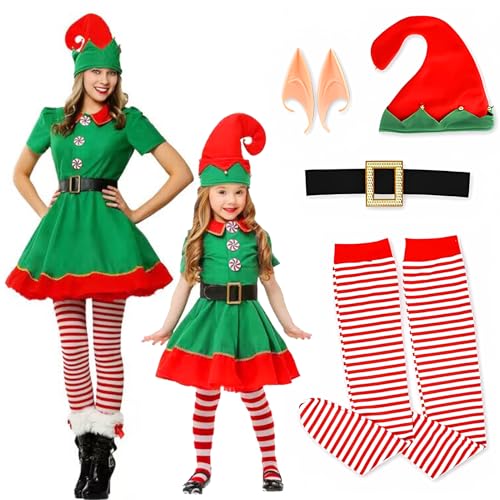 GreenYeah Weihnachtself Kostüm Set, Weihnachtself Kostüm Mädchen, Weihnachtswichtel Kostüm Kinder Mit Hut Gürtel Socken Elfenohren, Weihnachts Elfen Kostüm für Weihnachten Party (110) von GreenYeah