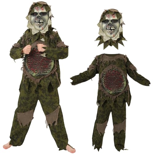 GreenYeah Zombie Kostüm Kinder, Realistische & Scary Kinder Zombie-Kostüm Set mit Zombie Maske, Därme Hemd und Hose, Gruseliges Halloween-Zombie-Kostüm für Jungen, Lebende Toten Zombie Kostüm M von GreenYeah