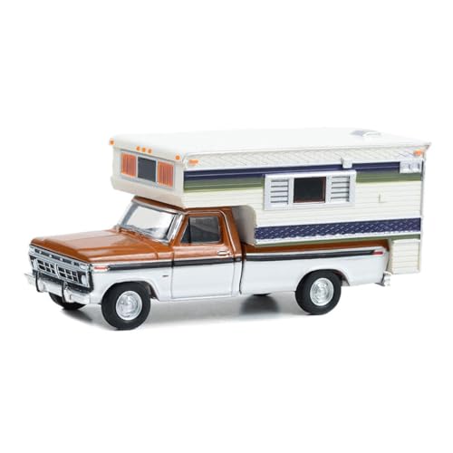 Greenlight 30406 F-250 Pickup Truck mit großem Camper Nektarine orange metallic und Wimbledon Weiß mit schwarzen Streifen Camper Special Hobby Exclusive Serie 1/64 Druckguss Modellauto von Greenlight