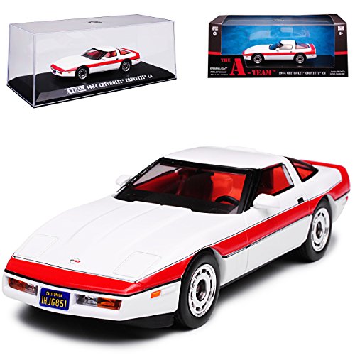 Greenlight Chevrolet Chevy Corvette C4 Coupe Weiss mit roten Streifen Rot 1983-1996 A-Team 1/43 Modell Auto mit individiuellem Wunschkennzeichen von Greenlight