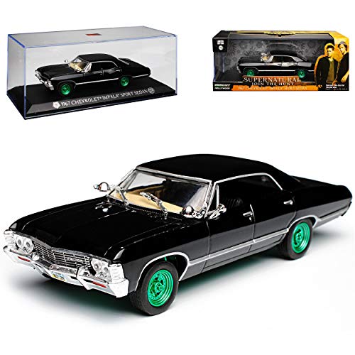 Greenlight Chevrolet Impala Sport Sedan Limousine Schwarz Supernatural Join The Hunt 1965-1970 mit grünen Felgen 1/43 Modell Auto mit individiuellem Wunschkennzeichen von Greenlight