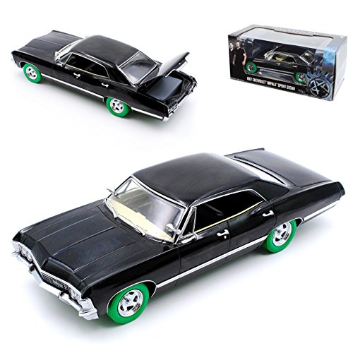 Greenlight Chevrolet Impala Sport Sedan Limousine Schwarz grüne Reifen Supernatural Join The Hunt 1965-1970 1/24 Modell Auto von Greenlight