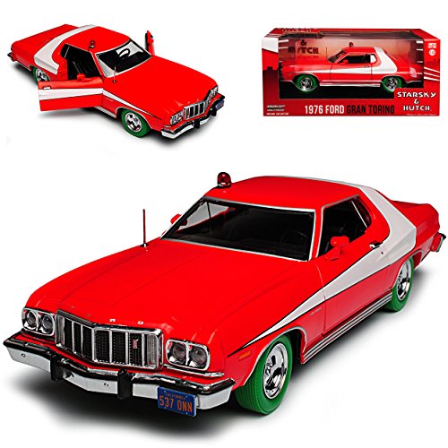 Ford Mustang Gran Torino Starsky und Hutch Rot mit gruenen Reifen 1976 1/24 Greenlight Modell Auto von Grenlight