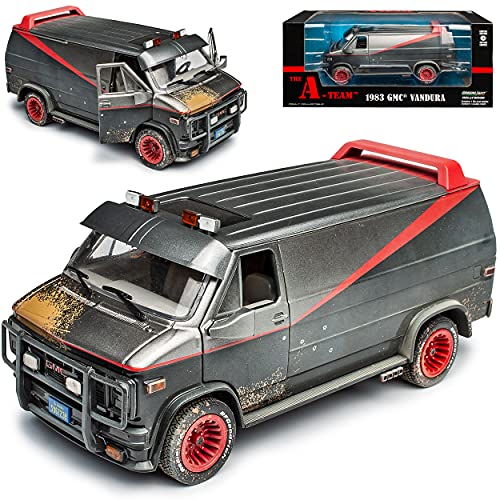 GMC Vandura The A-Team Dreck Version mit Einschusslöcher Schwarz mit Rot 1968-1996 1/24 Greenlight Modell Auto mit individiuellem Wunschkennzeichen von Grenlight