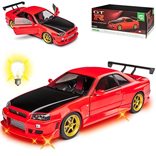 Nisan Skyline R34 GT-R Rot mit Schwarz und LED Licht 1998-2002 1/18 Greenlight Modell Auto mit individiuellem Wunschkennzeichen von Grenlight