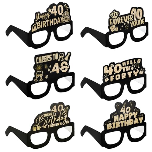 6 Stück Brille Zum 40. Geburtstag,Partybrillen Happy Birthday 40th Partybrille 3d Happy Birthday Party Paper Eyeglasses,Glitter Papier 3D Party Brille für Frau Mann 40. Geburtstag Party Deko von Grevosea