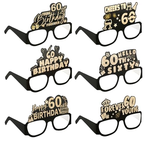 6 Stück geburtstagsparty brillen Happy Birthday 60th Partybrille 3D Happy Birthday Party Paper Eyeglasses,Glitter Papier 3D Party Brille für Frau Mann 50. Geburtstag Party Dekoration Geburtstags von Grevosea