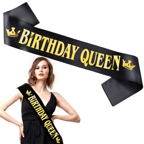 Grevosea 1 Stück Happy Birthday Queen Geburtstag Schärpe, Birthday Girl Sash, schwarzer Satin Geburtstag Schärpe, Birthday Queen Banner für Geburtstag Party Deko Zubehör,Geburtstagsfeier Accessoires von Grevosea