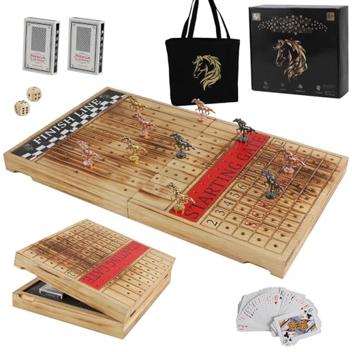 Wooden Finish Line Horse Racing Board Game Equipped with 11 Luxury Metal Craft Horses Adult Chessboard Including 2 Sets of Dice and 2 Boxes of Cards Folding Box Game Board (Light Flame) von Grhonior