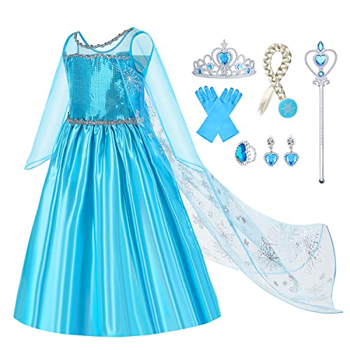 Gridamea ELSA Verkleiden Sie sich für Mädchen Eiskönigin-Kostüm Prinzessinnenkleid mit Krone/Zauberstab/Handschuhen/Zopf/Ohrringen/Ring für Kindergeburtstag, Party, Cosplay von Gridamea