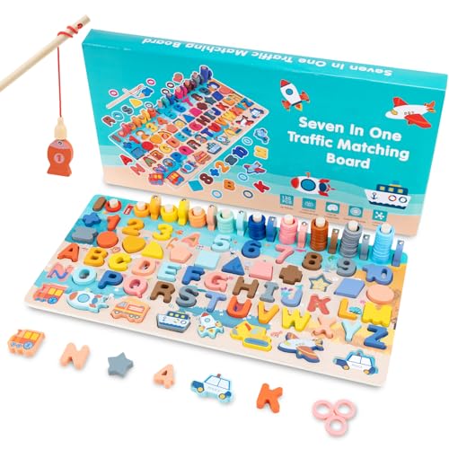 Growithu Holz Puzzles Spielzeug für Kinder - Erzieherisches Lernset mit Buchstaben, Zahlen, Formen, Fahrzeugen, Angelspiel und Zählung für Kleinkinder 3 4 5 6 7 von Growithu