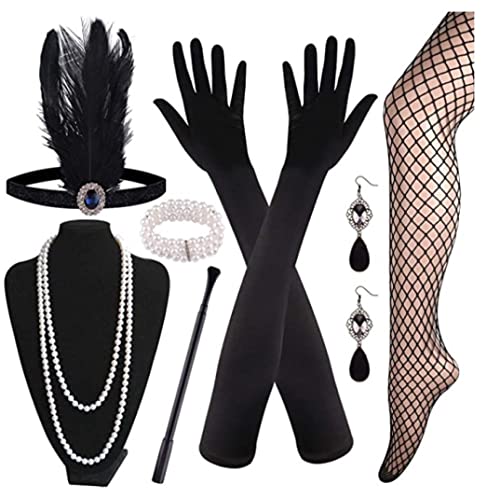 7 Stücke 1920er Flapper Great Accessoires Set Fashion Roaring 20 -Themen -Set mit Kopfband Kopfstück Lange Schwarze Handschuhe Halskette Ohrringe für Frauen, von Grtheenumb