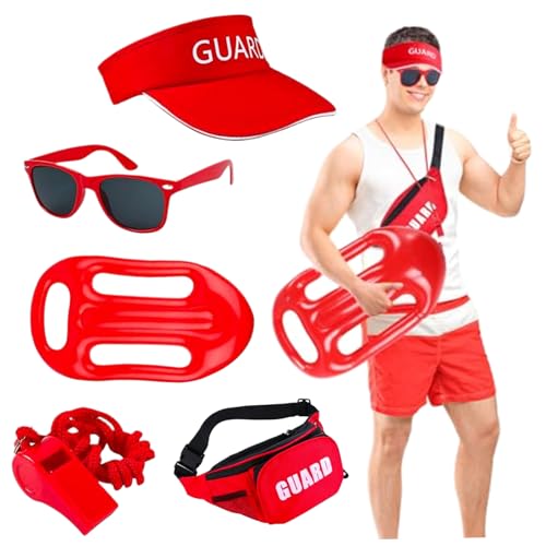 Grtheenumb 5pcs Guard Kostüm -Set, Rettungsschwimmerausrüstungs -Cosplay -Accessoires umfasst Hut, Sonnenbrille, Pfeifen, Fanny Pack & Float für Dress -up -Party von Grtheenumb