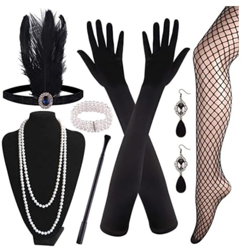 Grtheenumb 7 Stücke 1920er Flapper Great Accessoires Set Fashion Roaring 20's Theme Set mit Kopfband Kopfstücke Lange Schwarze Handschuhe Halskette Ohrringe für Frauen, von Grtheenumb