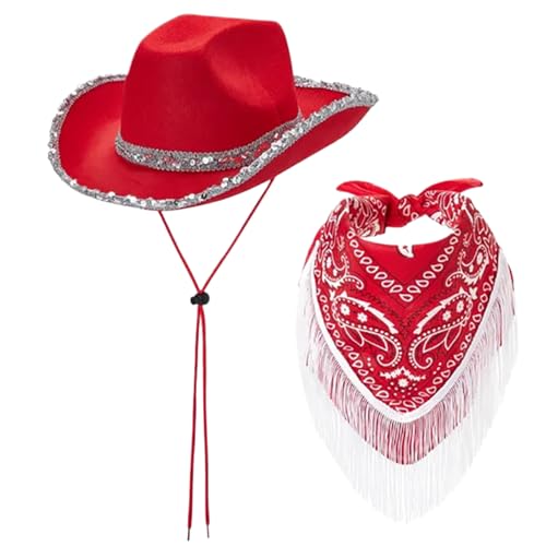 Grtheenumb Cowgirl Hut, Kuhgirlhut mit Fransen Bandana Wide Rand Burved Edge Pailletten Red Cowgirl Hut mit Kinngurt Nicht gewebter westlicher Cowboyhut für Cosplay, Halloween Kostüme von Grtheenumb